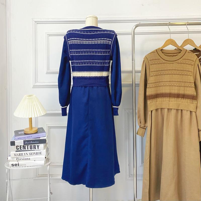 Long-Sleeve Crew Neck Mock Two-Piece Striped Knit Panel Corduroy Midi A-Line Dress Product Image