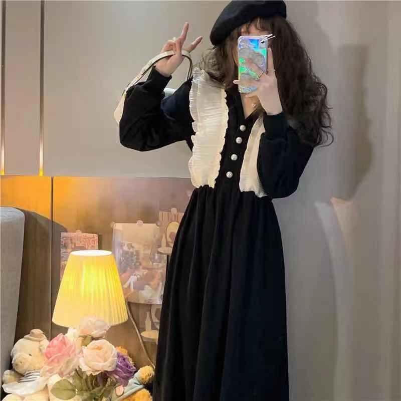 Long-Sleeve V-Neck Corduroy Midi A-Line Dress Product Image