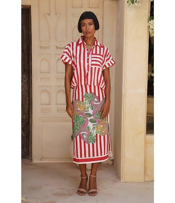Mo Maya Red Stripe Dragon Print High Rise Pencil Midi Skirt Product Image