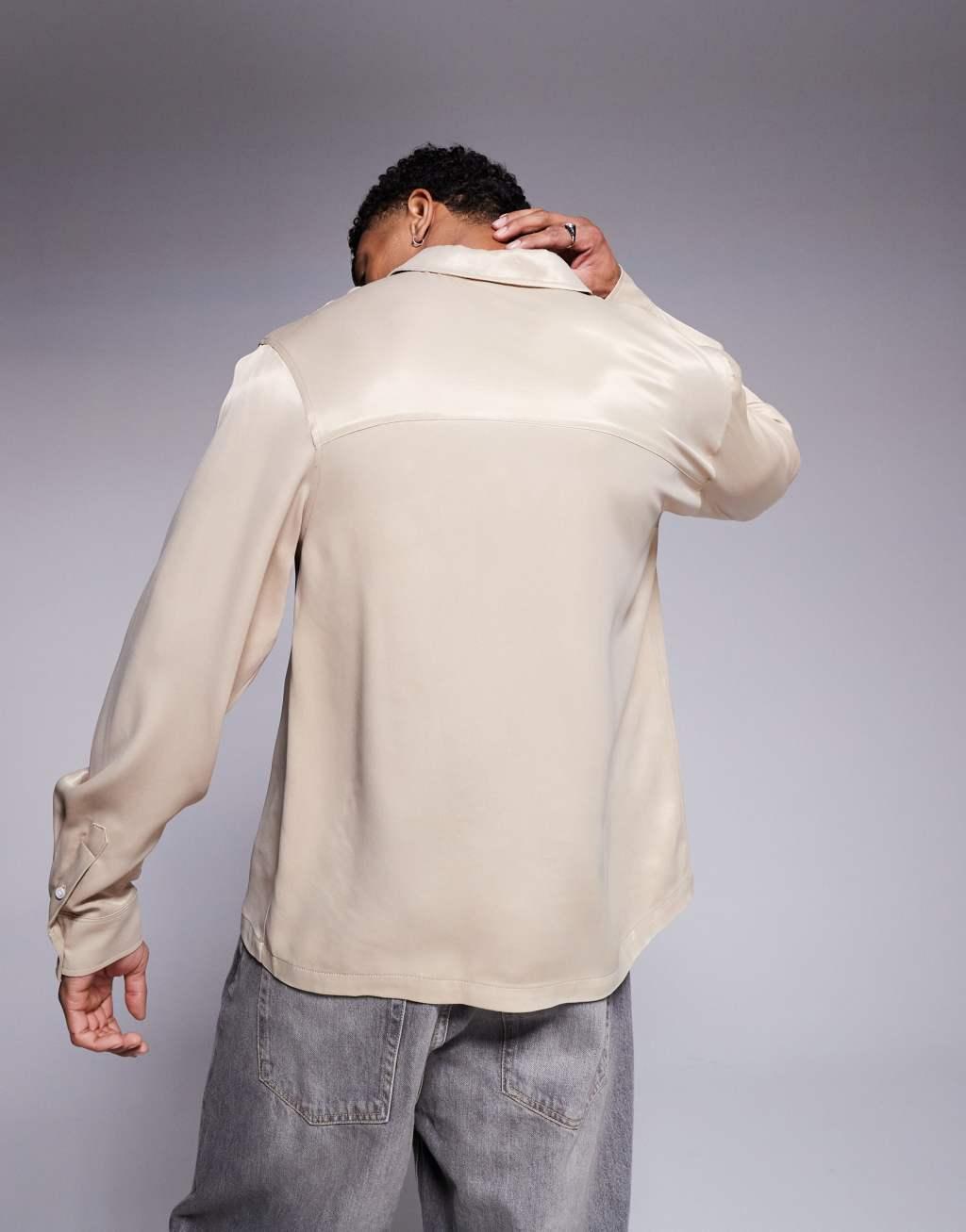 ASOS DESIGN relaxed boxy shirt in beige satin Product Image