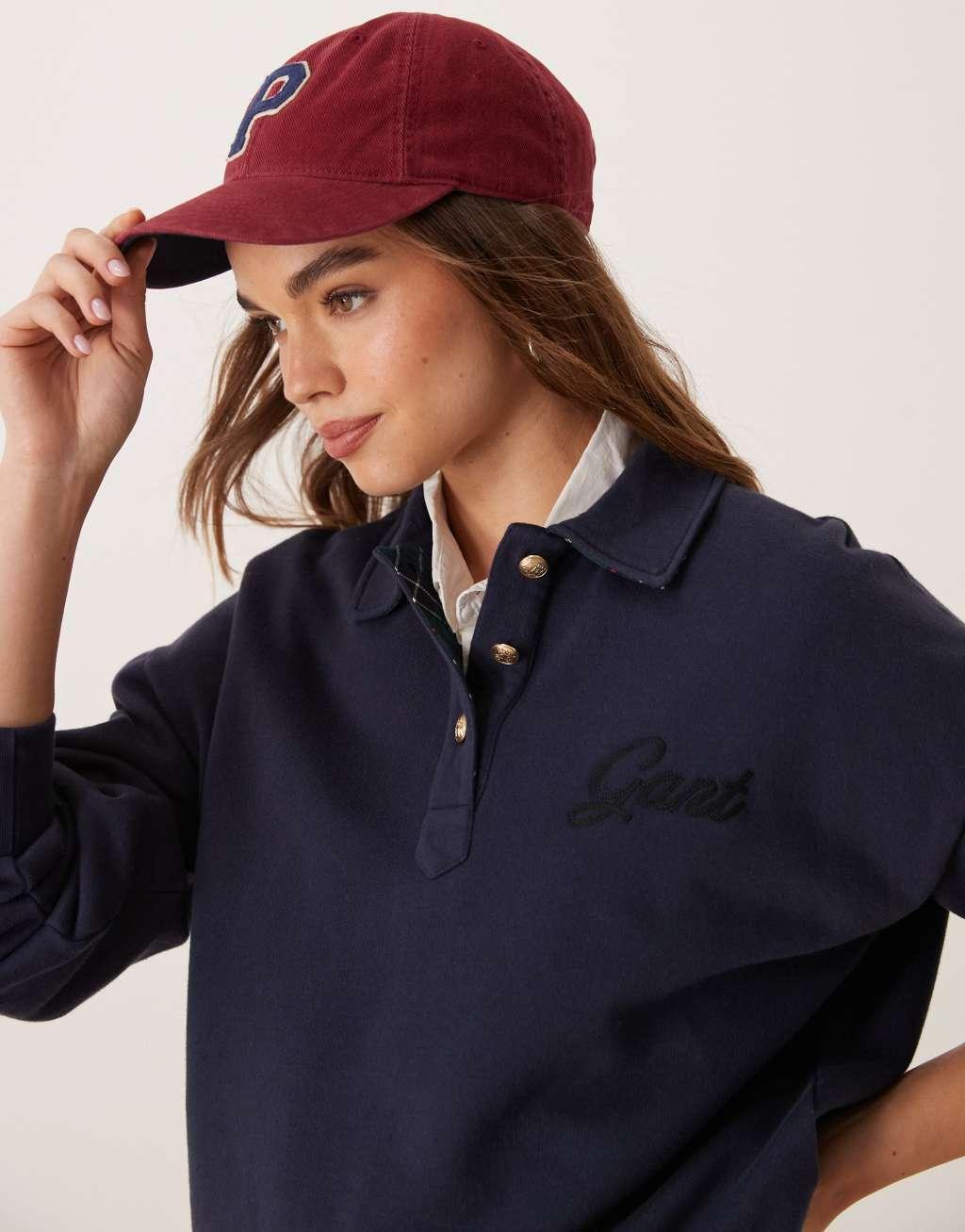 GANT logo polo sweatshirt with tartan collar in navy Product Image