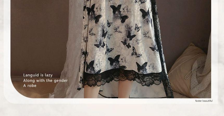 Spaghetti Strap V-Neck Butterfly Print Lace Panel Velvet Midi Nightdress / Pajama Robe / Set Product Image
