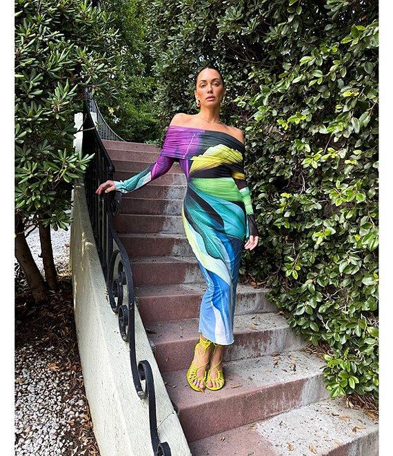 AFRM Cornelia Printed Off the Shoulder Long Sleeve Mesh Midi Dress Product Image