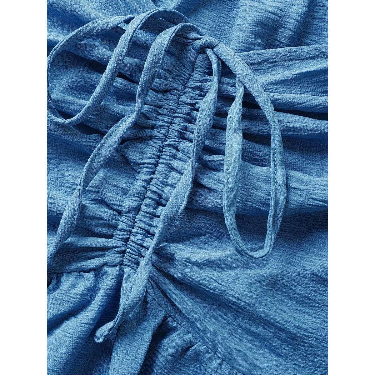 Plus Size Plain Ruched Drawstring Pocket Ruffle Tiered Dress Cerulean Women Elegant Non V-neck Short sleeve Curvy Midi Dress BloomChic 22-24/3X Product Image