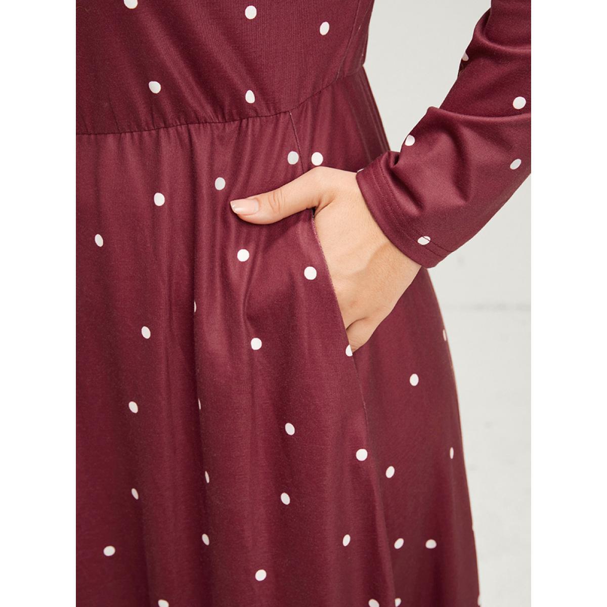 Plus Size Polka Dot Pocket Round Neck Midi Dress DustyPink Women Elegant Pocket Round Neck Long Sleeve Curvy Midi Dress BloomChic 26/4X Product Image