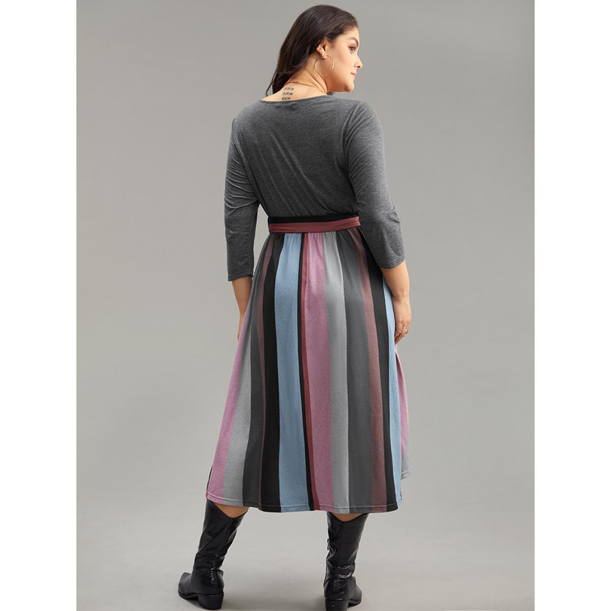 Plus Size Striped Contrast Patchwork Belted Dress DimGray Women Casual Belted Round Neck Elbow-length sleeve Curvy Midi Dress BloomChic 28/5X Product Image