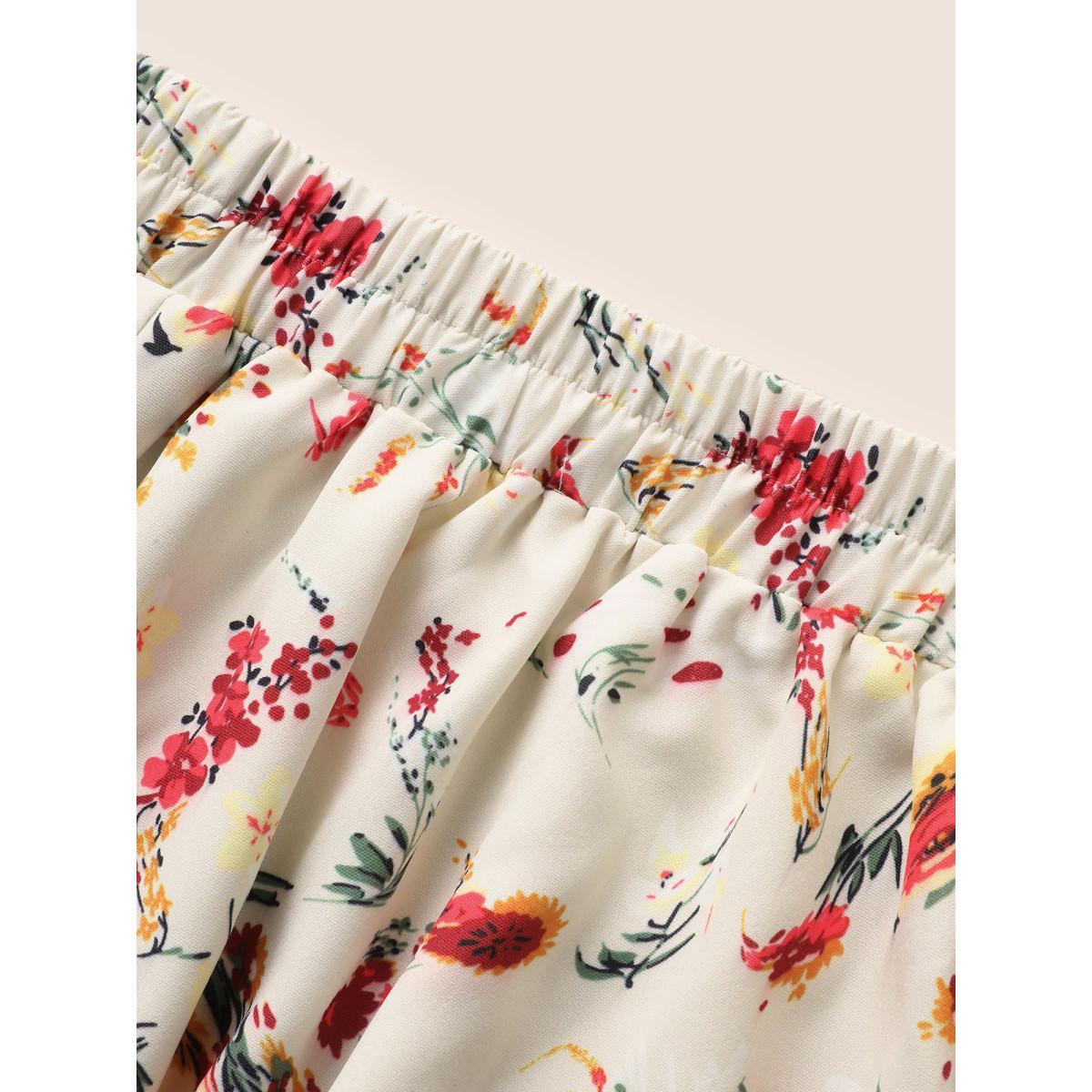 Plus Size Floral Print Pleated Elastic Waist Skirt Women Beige Elegant Pleated No stretch Everyday Skirts BloomChic 30/6X Product Image