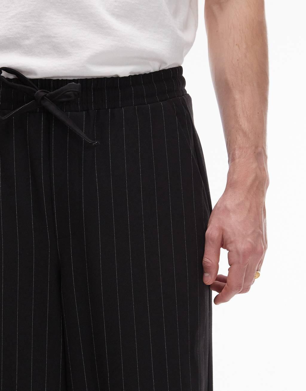 Topman wide leg pinstripe pants in black Product Image