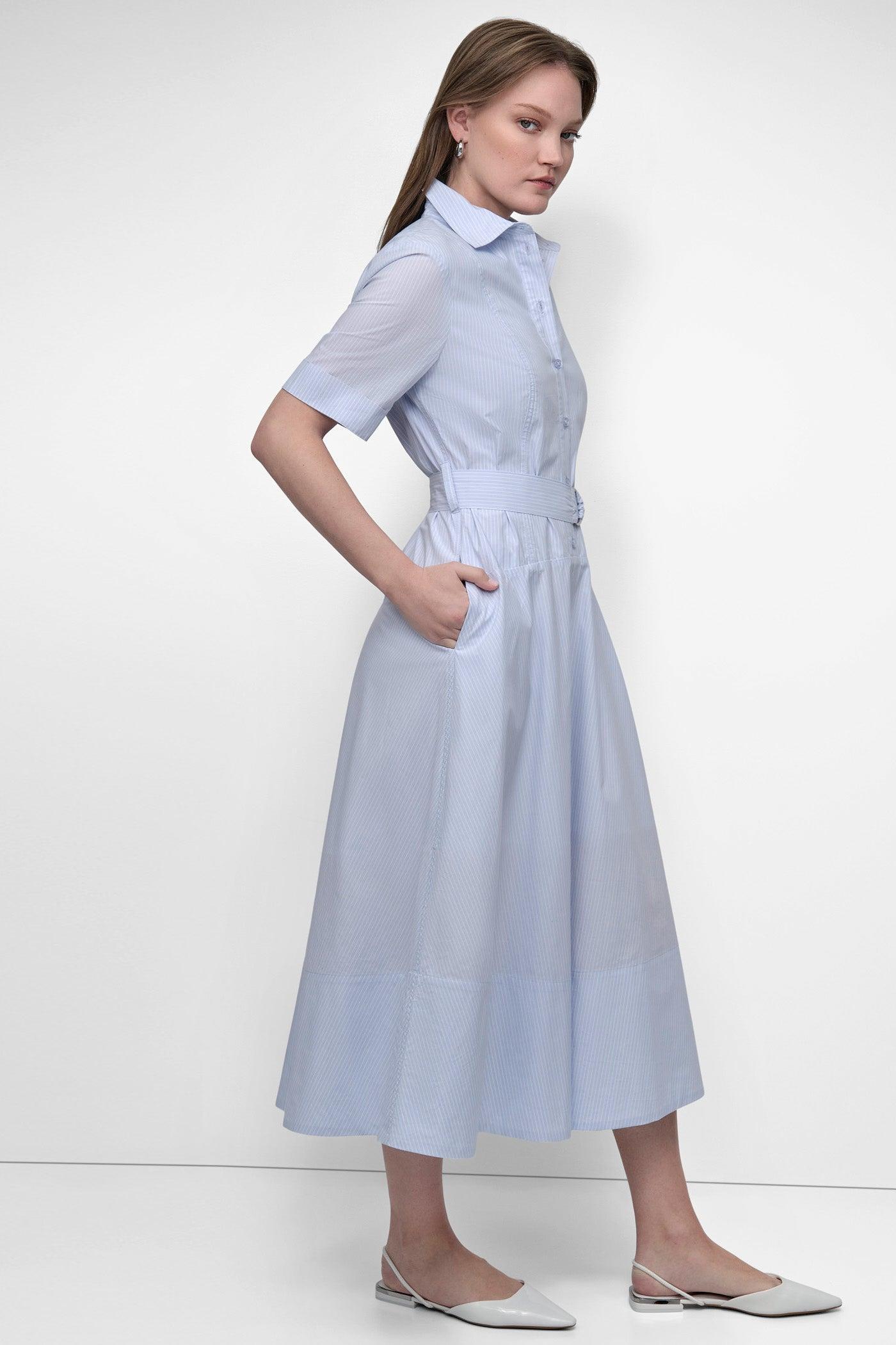 BELTED PINSTRIPED MIDI SHIRT DRESS Product Image
