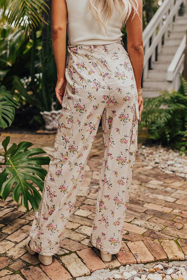 Free Spirit High Waist Floral Cargo Pants in Light Beige Product Image