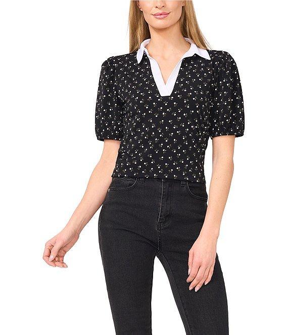 CeCe Floral Print Johnny Collar Short Puff Sleeve Contrast Trim Polo Top Product Image