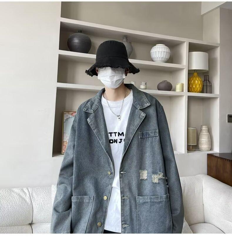 Lapel Collar Washed Denim Distressed Button Blazer Product Image