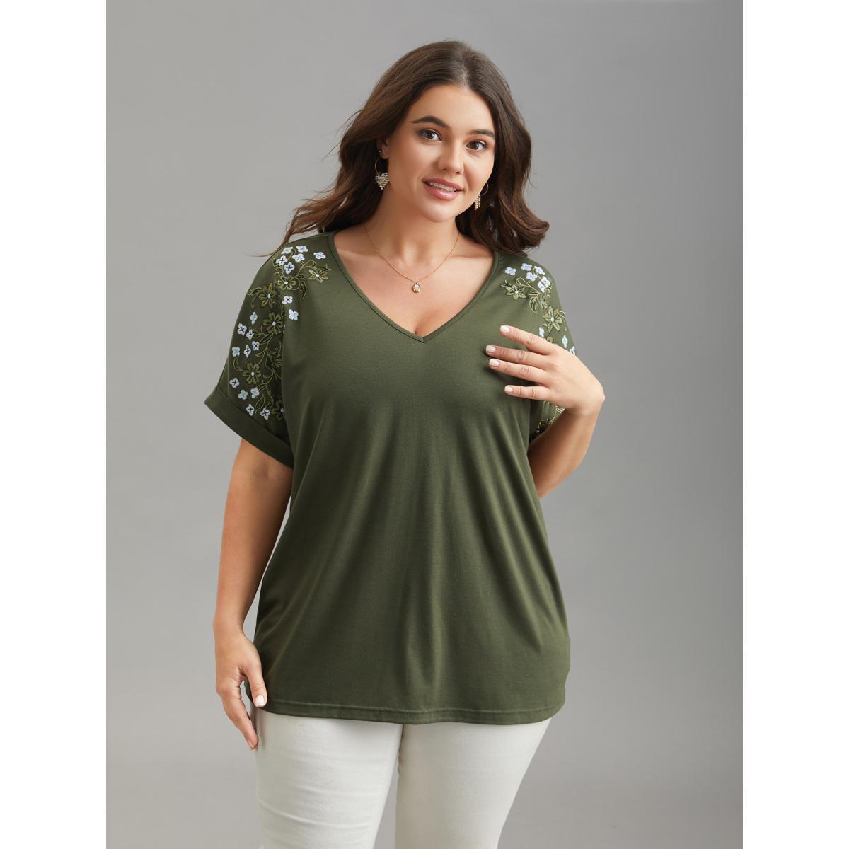 Plus Size Stretchy Embroidered Drop Shoulder T-Shirt ArmyGreen Women Elegant Roll Hem V-neck Everyday T-shirts BloomChic 26/4X Product Image