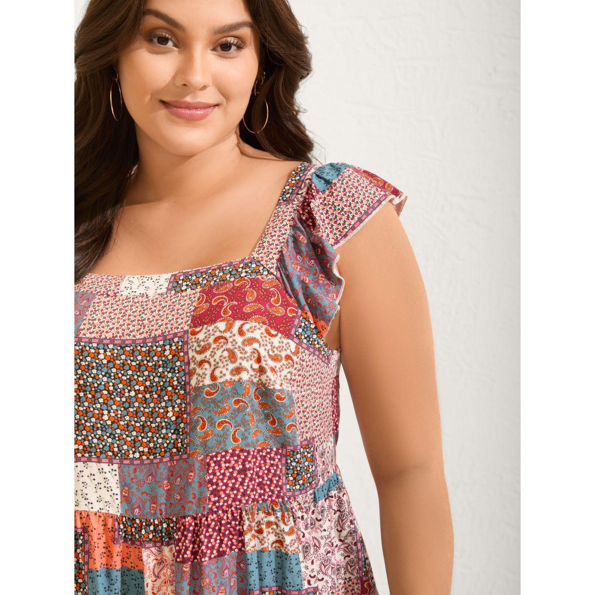 Plus Size Floral Collage Print Layered Tank Top Women Aegean Gathered Square Neck Vacation Tank Tops Camis BloomChic 26/4X Product Image