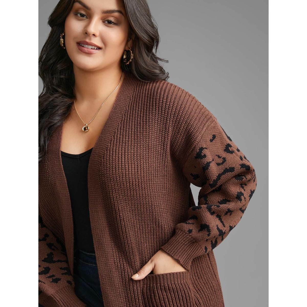 Plus Size Leopard Print Patchwork Lantern Sleeve Cardigan Browncoffeecolor Women Casual Loose Long Sleeve Everyday Cardigans BloomChic 14-16/1X Product Image
