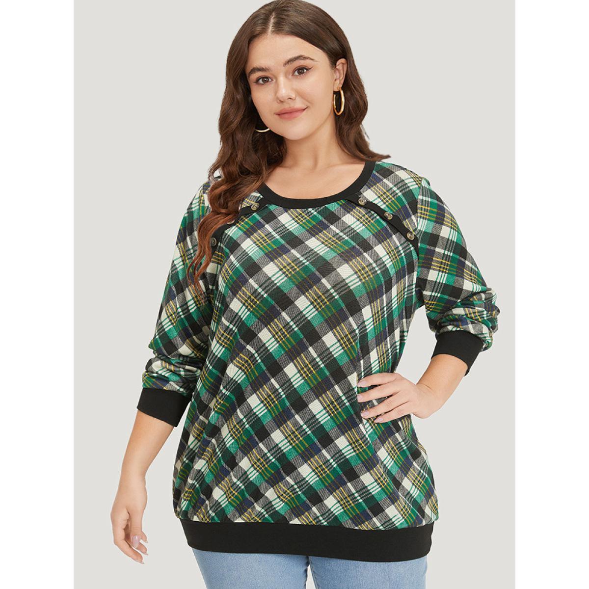 Plus Size Plaid Button Detail Elastic Cuffs Crew Neck Sweatshirt Women Green Casual Elastic cuffs Round Neck Dailywear Sweatshirts BloomChic 18-20/2X Product Image