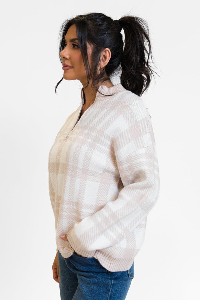 Make It Count Beige Plaid Printed Quarter Zip Pullover FINAL SALE Product Image