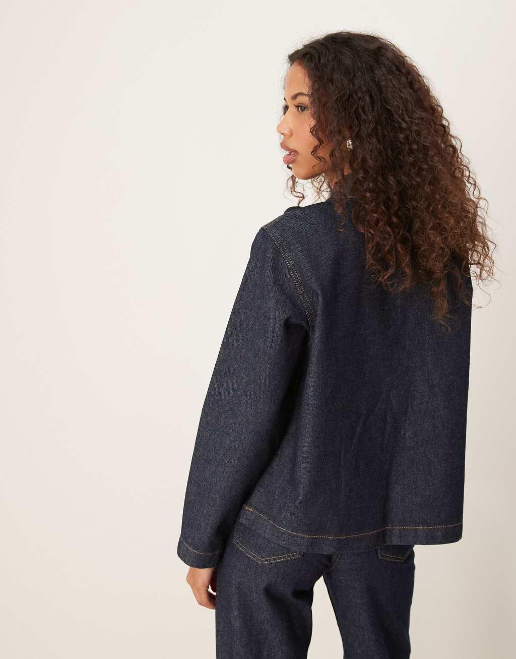 ASOS DESIGN v neck denim top with bow tie neck Product Image