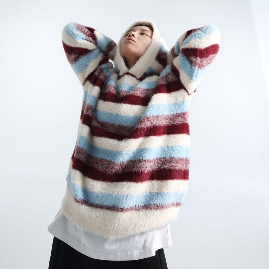 Color Block Fluffy Knit Hoodie Product Image