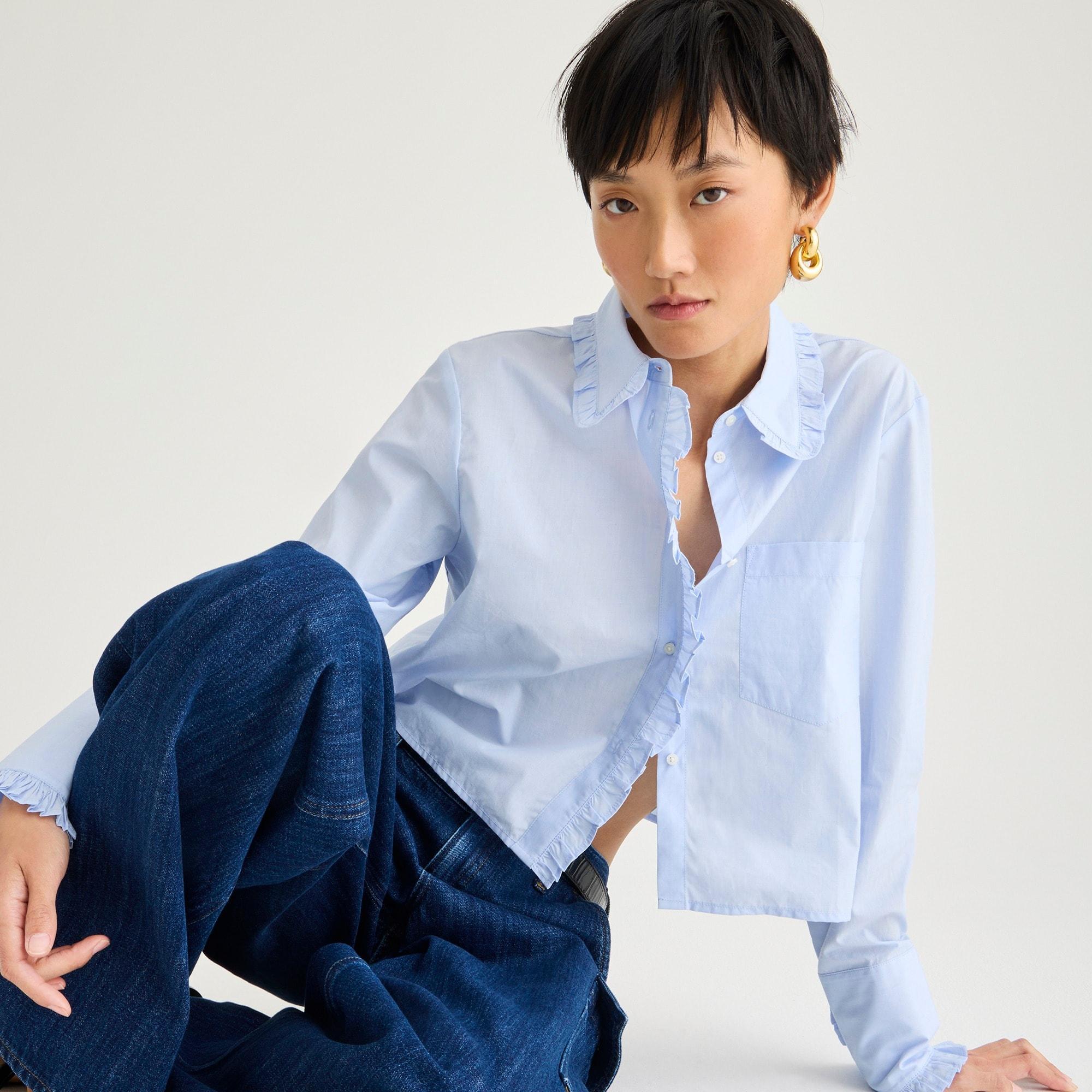 Ruffle-trim button-up shirt in cotton poplin Product Image