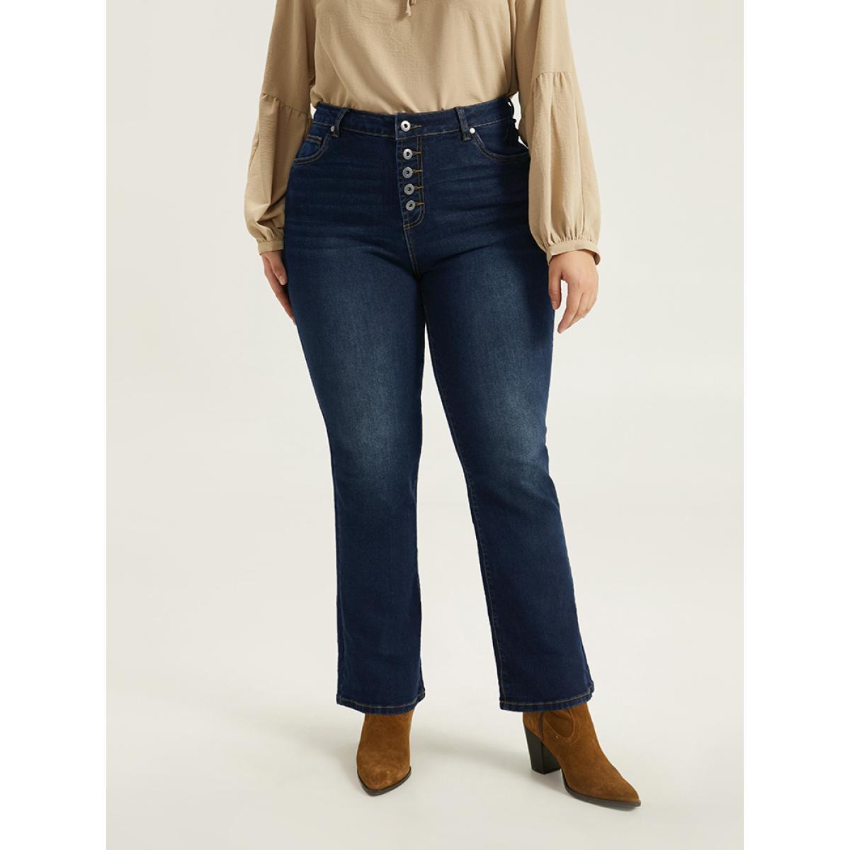 Plus Size Straight Leg Button Fly Pocket Jeans Women Indigo Casual Plain Plain High stretch Pocket Jeans BloomChic 30/6X Product Image
