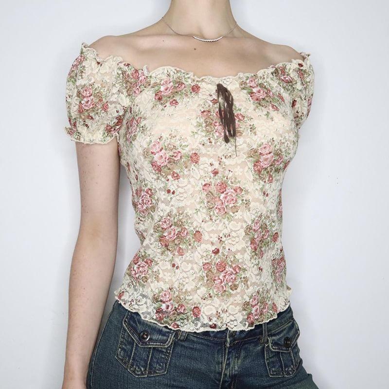 Short Sleeve Off-Shoulder Floral Print Lace Slim-Fit Crop Top Product Image