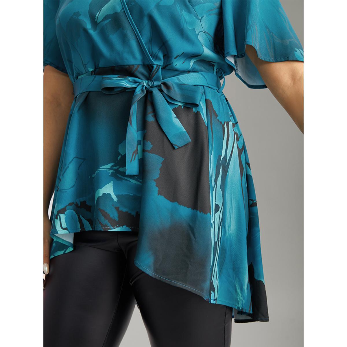 Plus Size Aegean Boho Print Wrap Ruffle Sleeve Blouse Women Elegant Short sleeve V-neck Dailywear Blouses BloomChic 18-20/2X Product Image