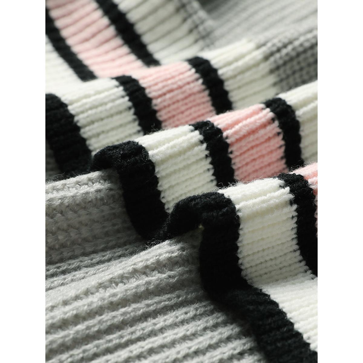 Plus Size Striped Contrast Drop Shoulder Elastic Cuffs Cardigan LightGray Women Casual Loose Long Sleeve Dailywear Cardigans BloomChic 26/4X Product Image