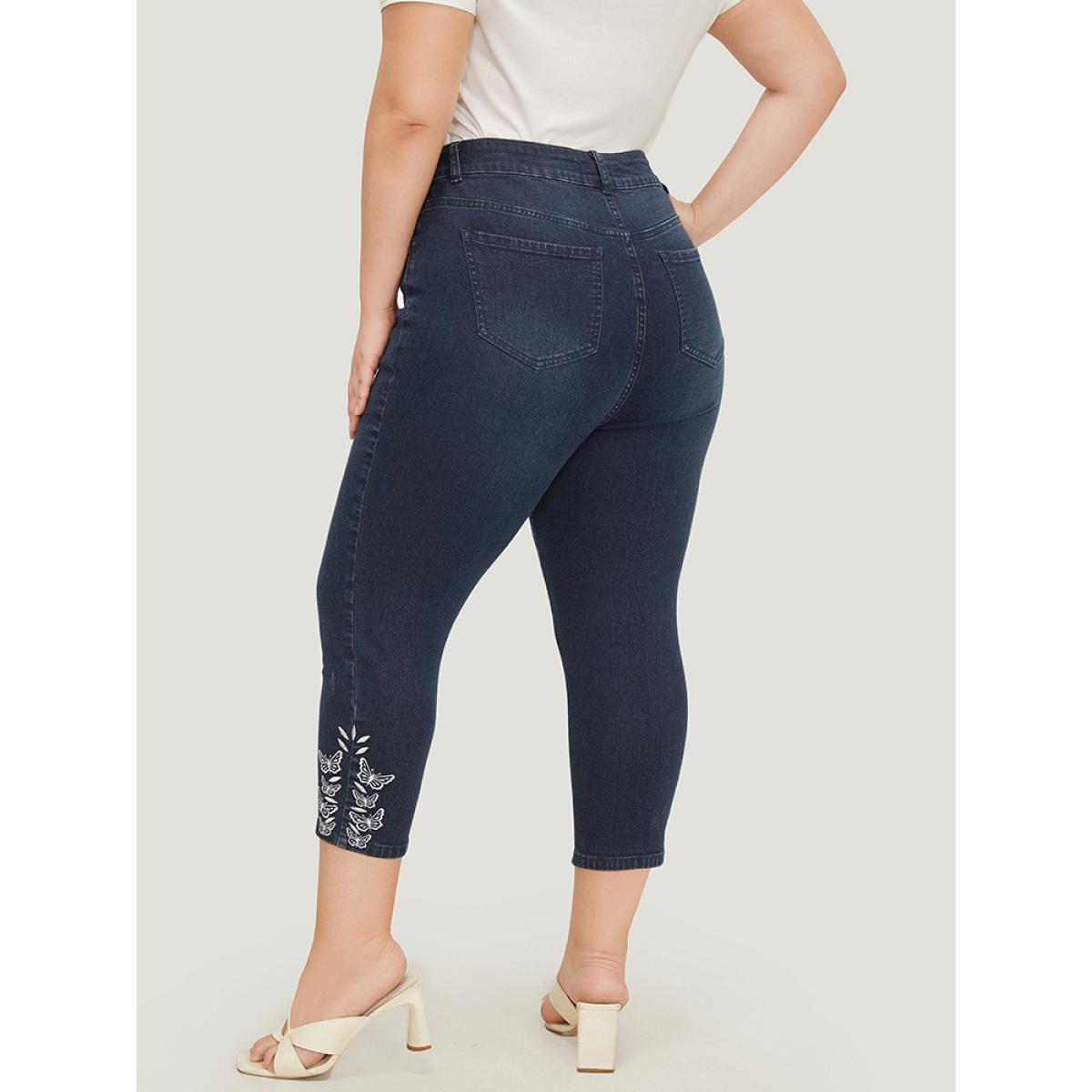 Plus Size Very Stretchy High Rise Dark Wash Butterfly Embroidered Jeans Women DarkBlue Casual Plain Embroidered High stretch Pocket Jeans BloomChic 14/1X Product Image