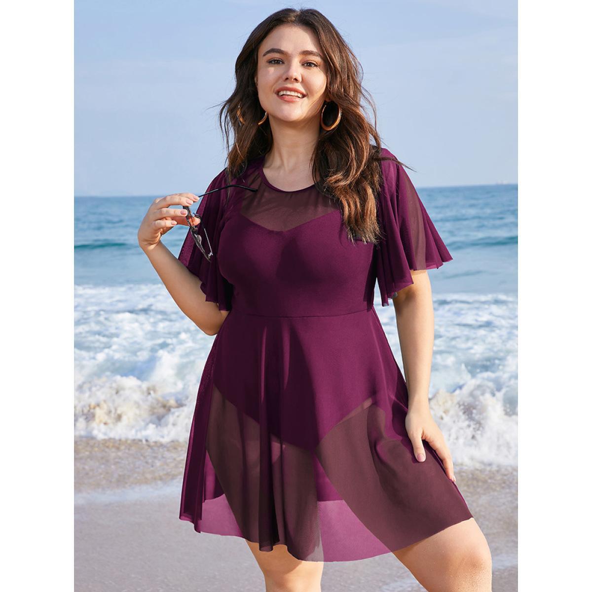 Plus Size Solid Mesh Patchwork Ruffle Sleeve Swim Dress Women's Swimwear RedViolet Vacation Bodycon Round Neck High stretch Curve Swim Dresses BloomChic 18-20/2X Product Image