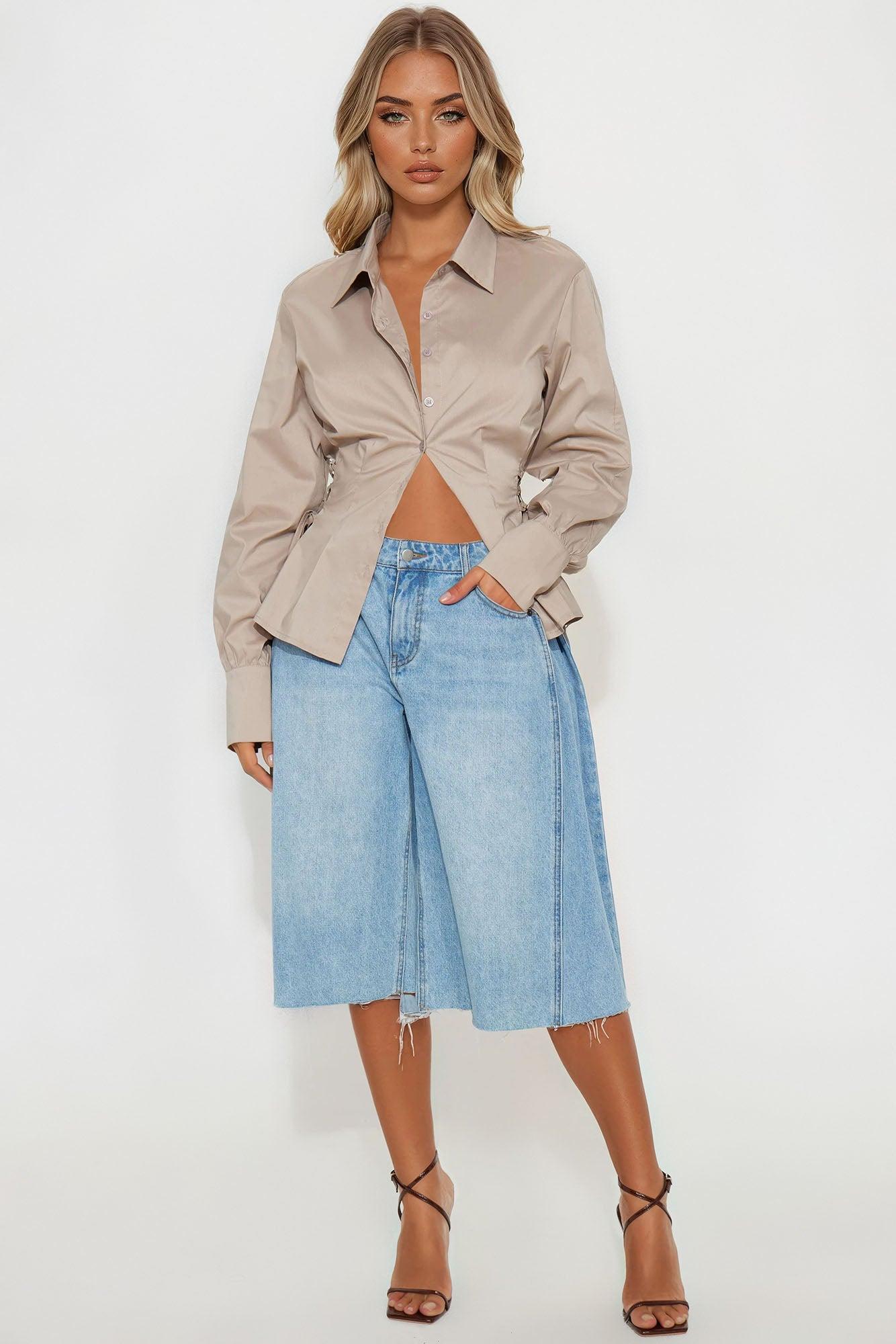 Back To Back Lace Up Poplin Shirt - Taupe Product Image