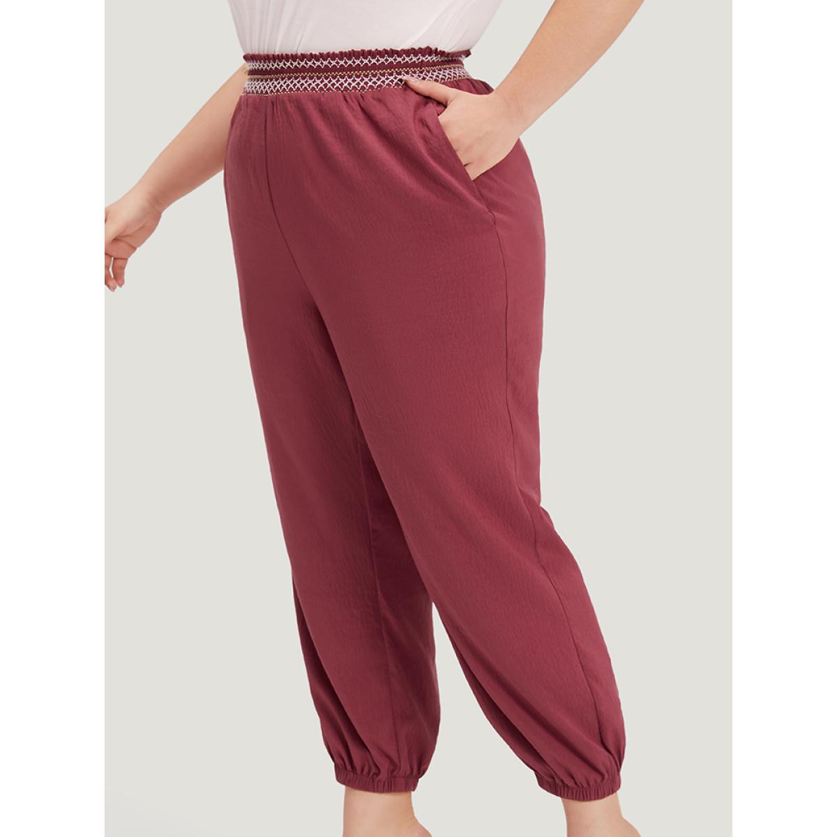 Plus Size Contrast Pocket Shirred Paperbag Waist Carrot Pants Women Burgundy Elegant High Rise Dailywear Pants BloomChic 26/4X Product Image