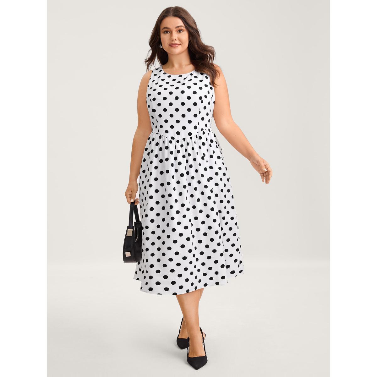 Plus Size Pretty Polka Dots Drop Waist Midi Dress Ivory Women Gathered Round Neck Sleeveless Curvy BloomChic 12/L Product Image
