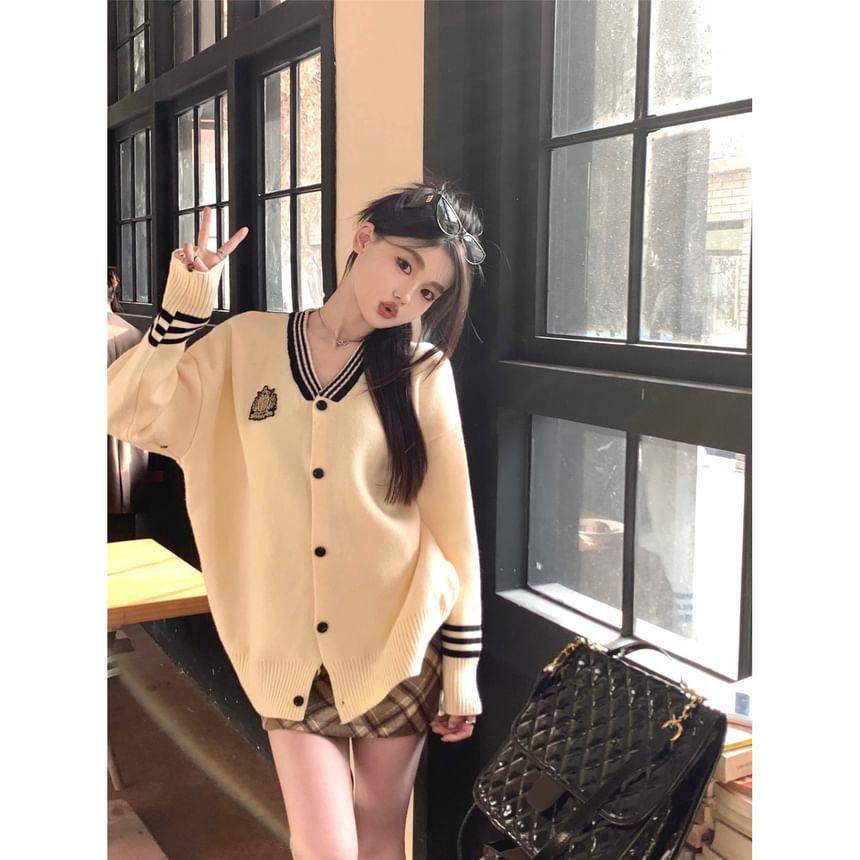 V-Neck Embroidered Striped Trim Button-Up Cardigan Product Image