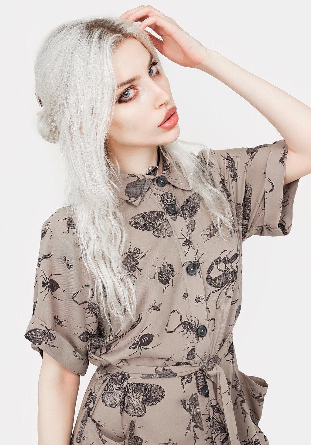 Parasite Bugs Print Mini Short Sleeve Shirt Dress - Taupe Product Image