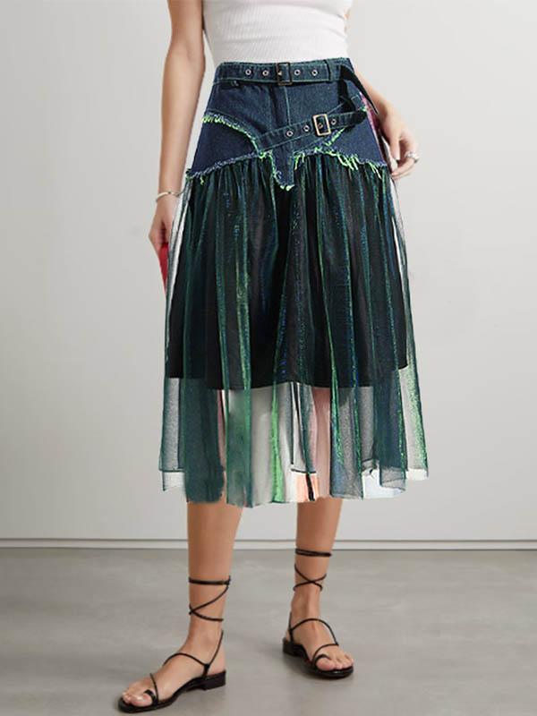 A-Line High Waisted Belted Shiny Skirts Bottoms Product Image