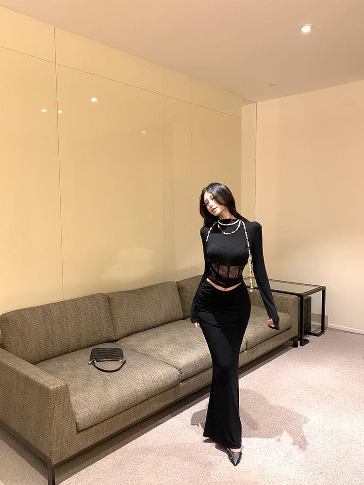 Long-Sleeve Lace Panel Crop Top / Mini Skirt Product Image