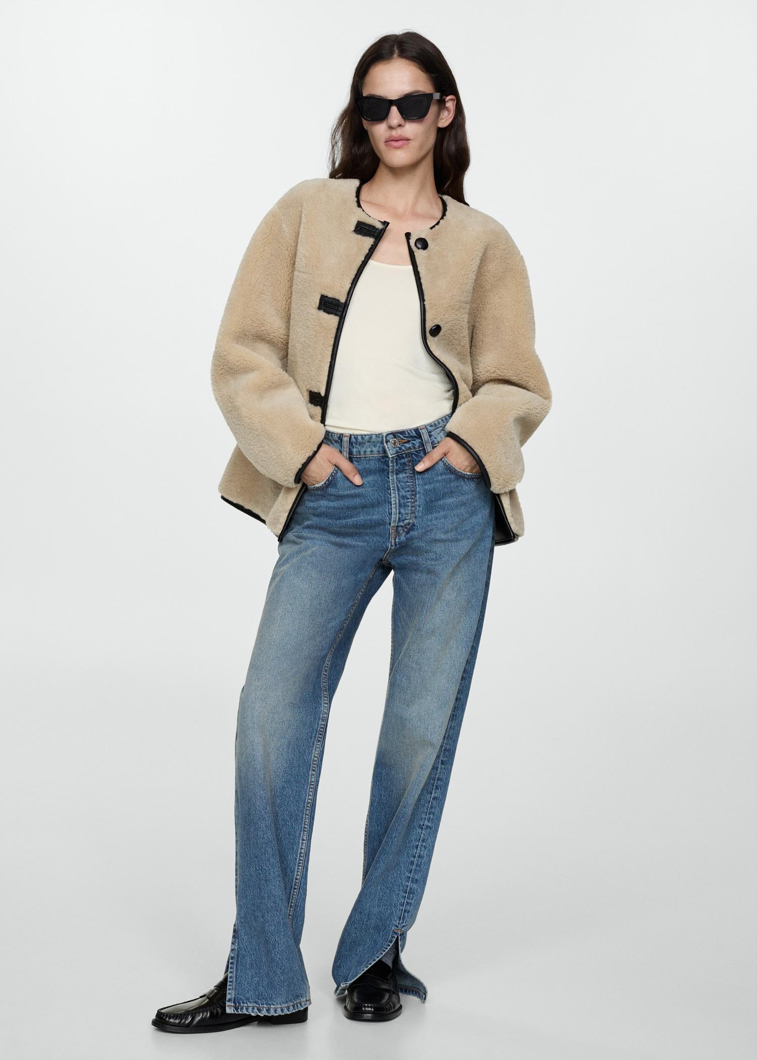 Fur-effect coat with appliqués - Women | MANGO USA Product Image