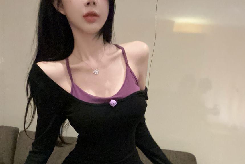Mock Two-Piece Long-Sleeve Halter Two Tone Asymmetrical Mini Sheath Dress Product Image