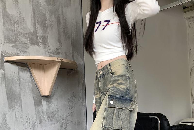 High Rise Washed Wide Leg Cargo Jeans Product Image