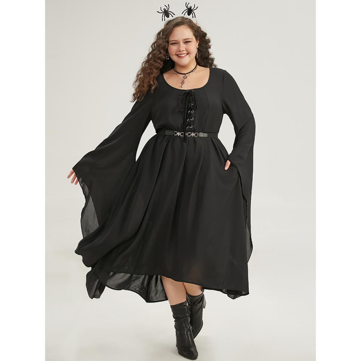 Plus Size Halloween Plain Lace Up Bell Sleeve Dress Black Women Elegant Plain Round Neck Long Sleeve Curvy Midi Dress BloomChic 26/4X Product Image