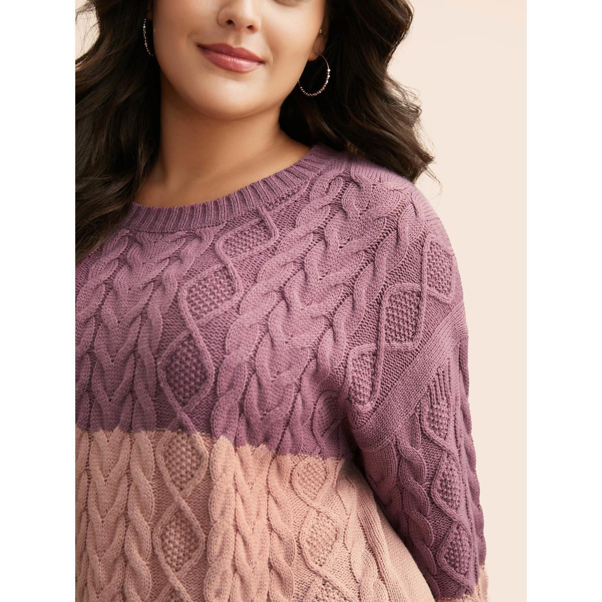 Plus Size Contrast Cable Knit Arc Hem Pullover Lilac Women Casual Loose Long Sleeve Round Neck Everyday Pullovers BloomChic 10/M Product Image