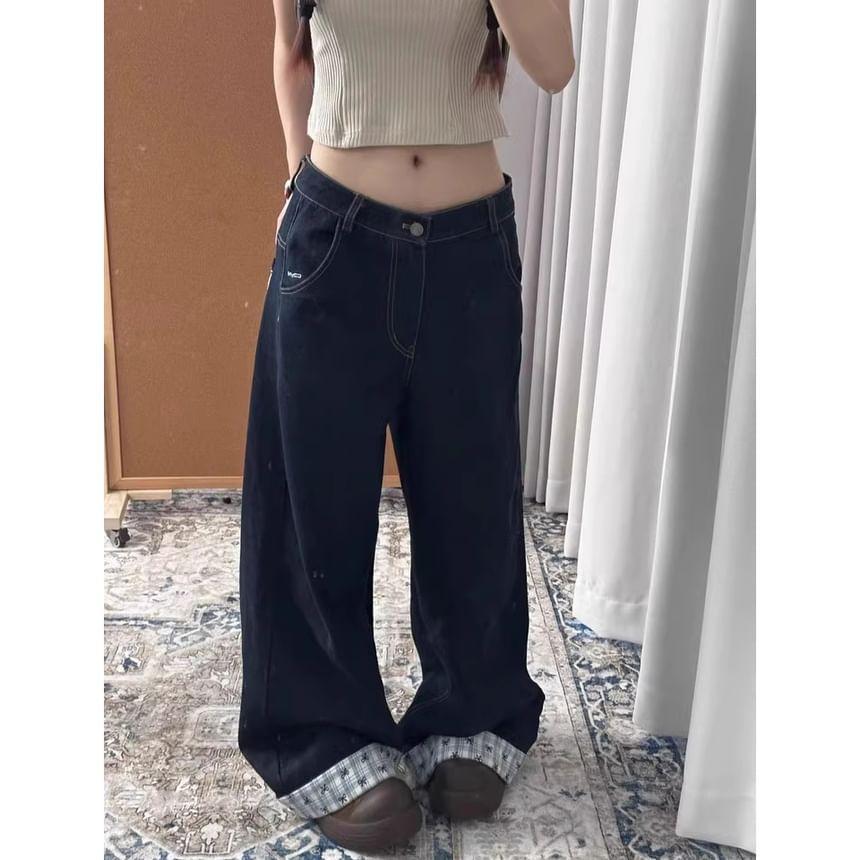 Low Rise Letter Embroidered Plaid Panel Wide Leg Jeans Product Image