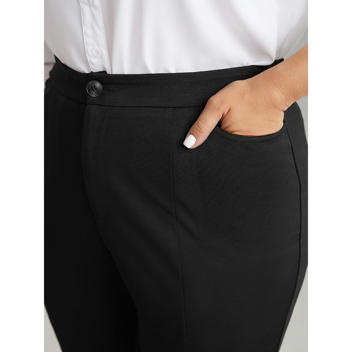 Plus Size Plain Flare Leg Pocket Split Hem Pants Women Black Office Flare Leg High Rise Work Pants BloomChic 30/6X Product Image
