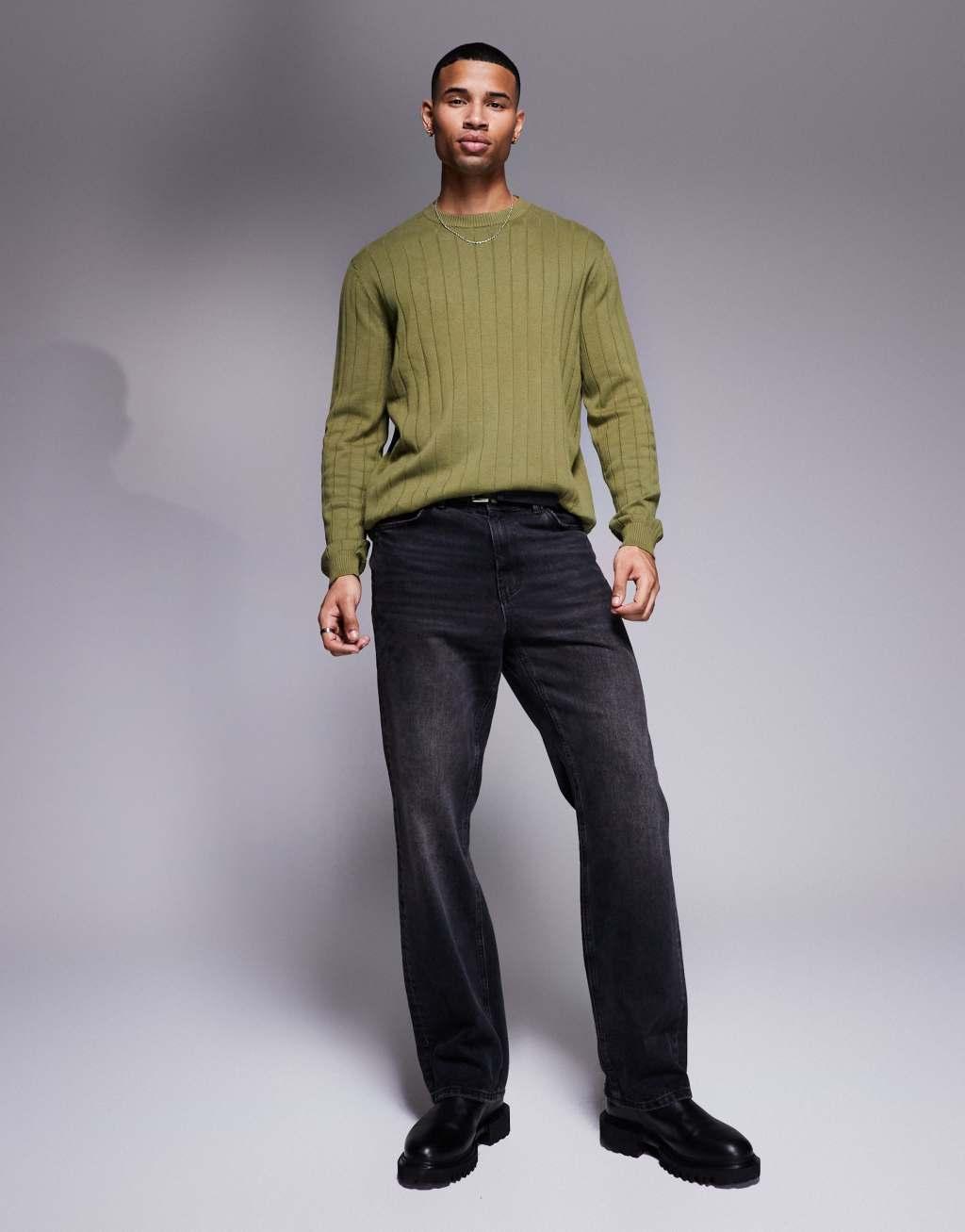 ASOS DESIGN relaxed knitted wide rib sweater in khaki Product Image