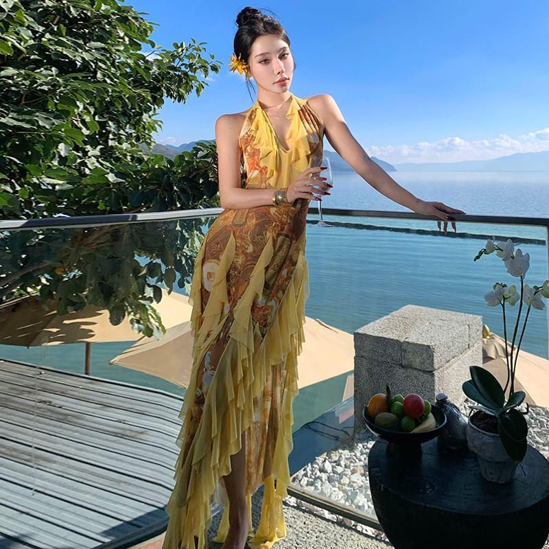 Halter V-Neck Print Asymmetrical Ruffle Trim Open Back Slit Bodycon Dress Product Image