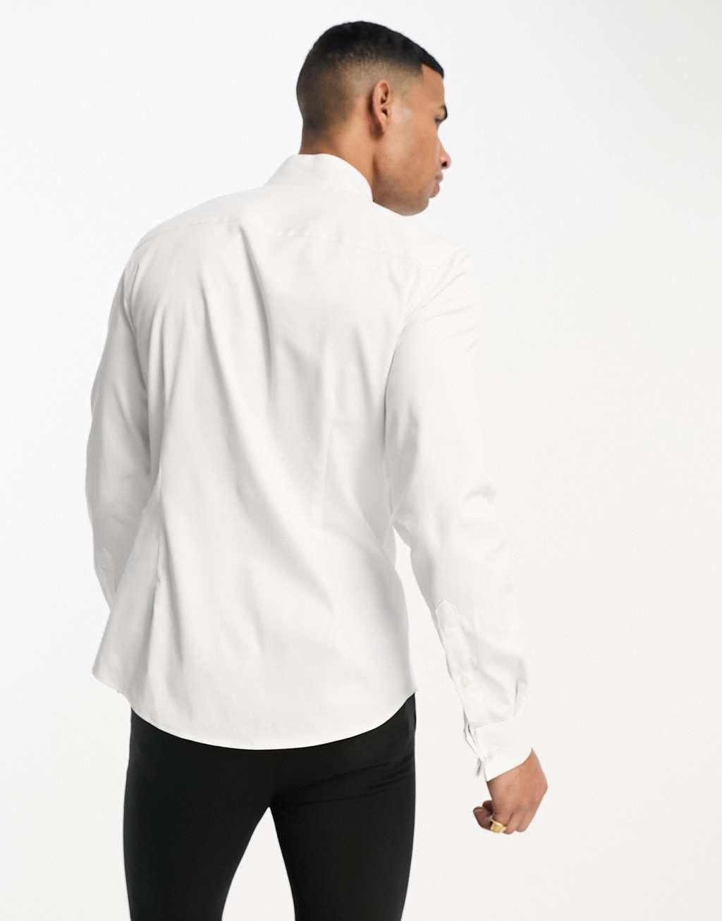 ASOS DESIGN easy iron slim sateen formal dress shirt with bib in white Product Image