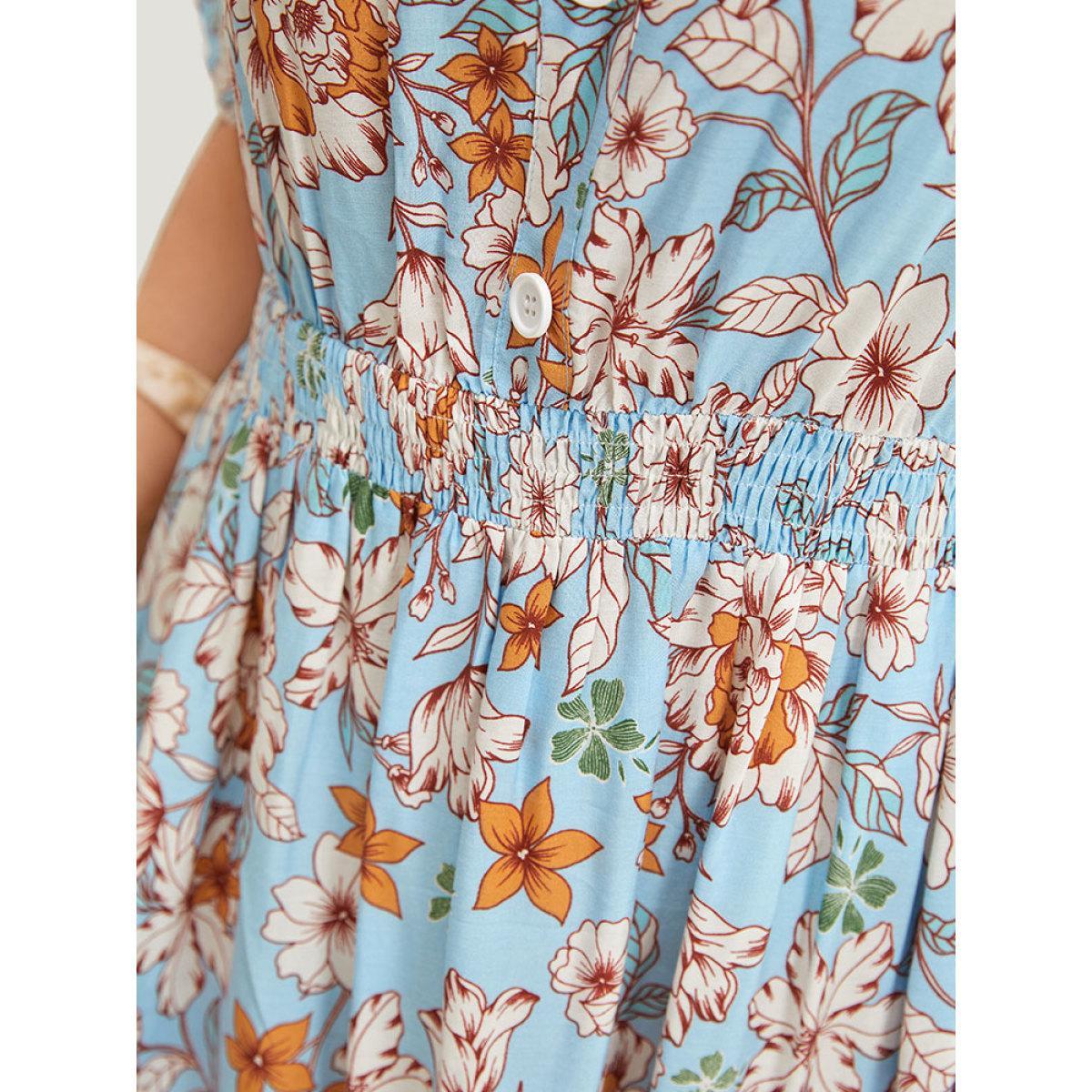 Plus Size Bandana Shirred Ruffle Hem Pocket Button Detail Dress Stone Women Vacation Gathered Round Neck Short sleeve Curvy Midi Dress BloomChic 12/L Product Image