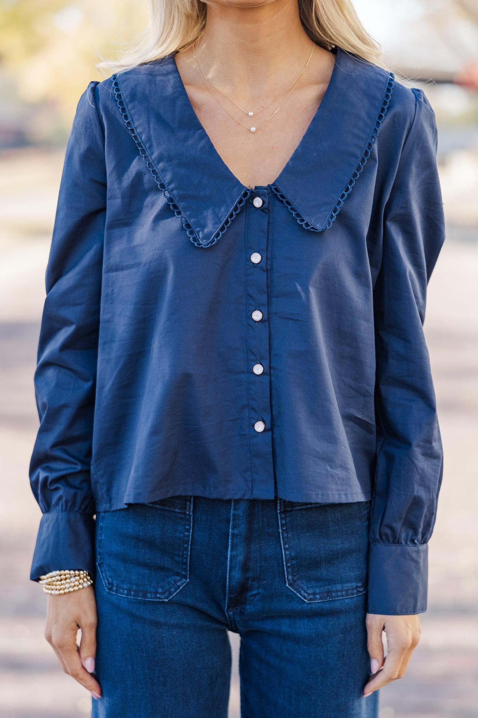 Just For You Navy Blue Long Collared Blouse Female Product Image