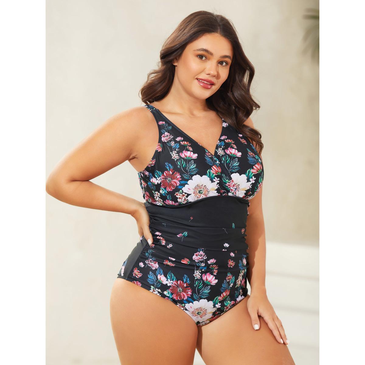 Plus Size Two-Piece Floral Print Sarong, Swimsuit Women's Swimwear Black Beach Curve Bathing Suits High stretch One Pieces BloomChic 14-16/1X Product Image